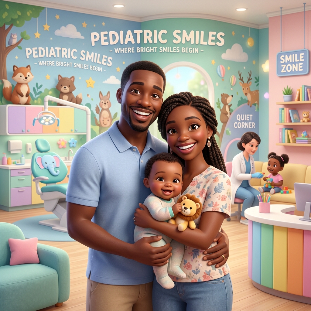Warm, smiling Black family holding their baby in a bright pediatric dental clinic