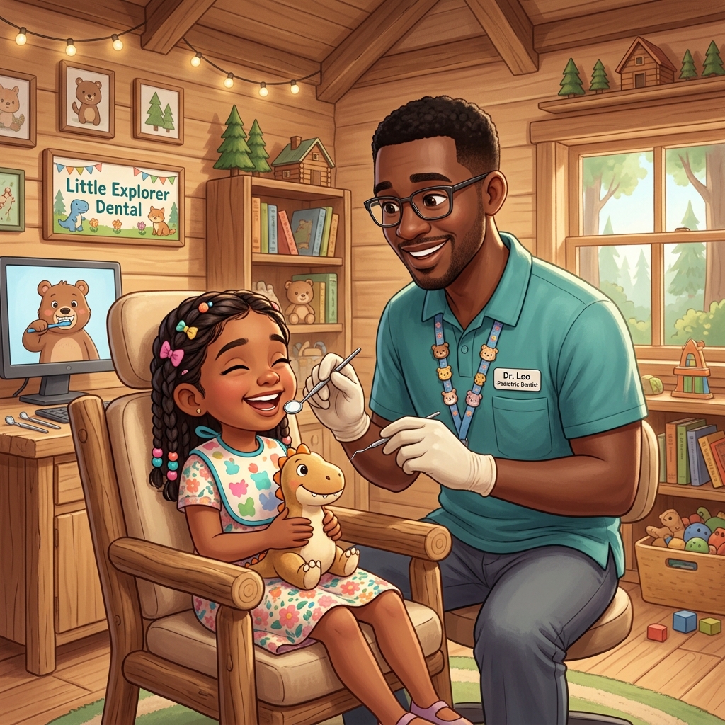 Friendly pediatric dentist doing a gentle checkup on a young girl in a cozy wooden cabin clinic