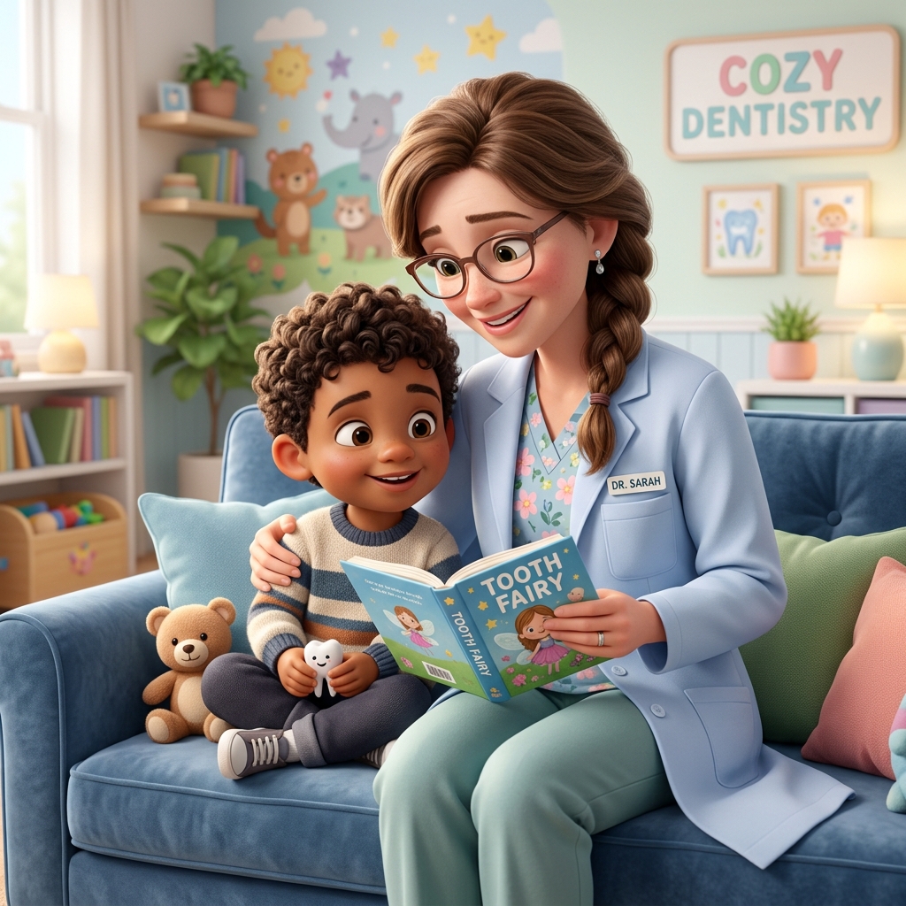 Gentle dentist comforting a young boy on a plush soft couch in the clinic