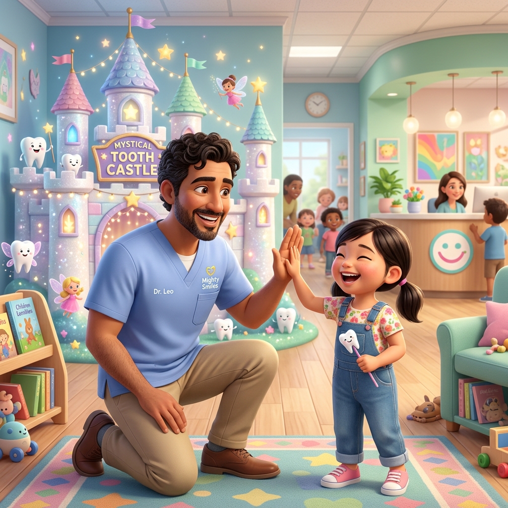 Friendly pediatric dentist welcoming a happy child to a magical dental clinic