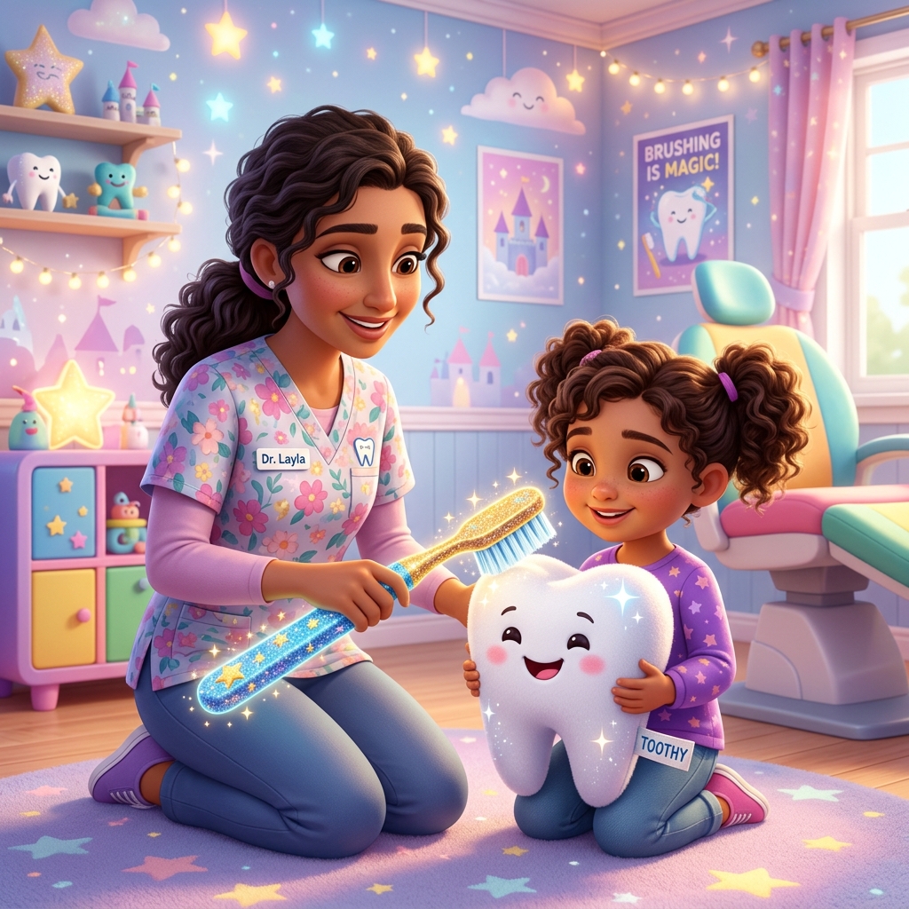 Gentle dentist teaching a happy child how to brush with a giant friendly tooth model